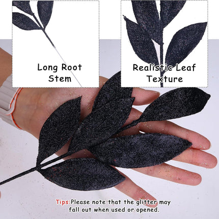 GREENTIME 12 Pack Artificial Black Glitter Leaves 13" Fake Decorative Glitter Sticks for Vase Christmas Tree DIY Wreath Crafts Fireplace Halloween Decor