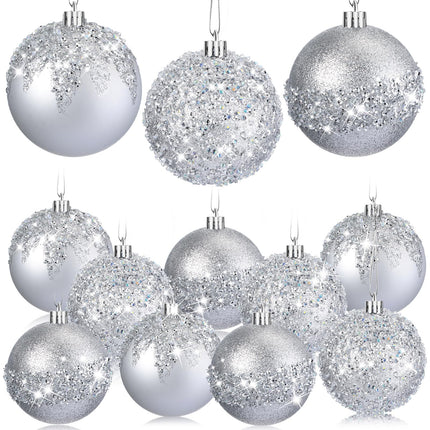 Syhood 12 Pieces Glitter Christmas Ball Ornaments Rhinestone Sequin Christmas Ball Decorations Hanging Plastic Balls for Xmas Trees Wedding Party Holiday Decorations (Silver,3.15 Inch)