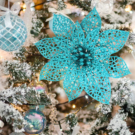 Winlyn 24 Pack Christmas Teal Glitter Poinsettia Flowers Picks Christmas Tree Ornaments 5.9" Wide for Teal Christmas Tree Wreaths Garland Holiday Seasonal Wedding Decorations White Box Included