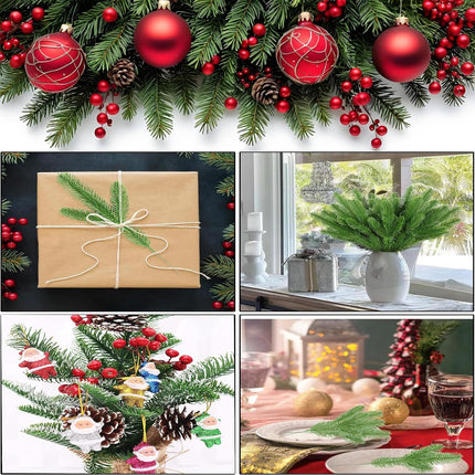 Artificial Pine Branches, Fake Christmas Greenery Pine Sprigs with 6Pcs Cute Santa Claus Decoration for DIY Garland Crafts Christmas Embellishing and Home Garden Decoration (50pcs)