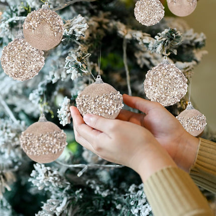 Poen 24 Pcs Glitter Christmas Ball Ornaments Set Christmas Tree Ornaments Hanging Sequin Foam Christmas Balls Decoration for Xmas Tree Wreath Garland Christmas Home Decor Wedding Party (Champagne)