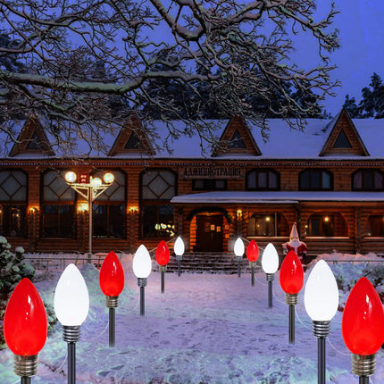 12-Pack Jumbo C9 Red White Solar Christmas Lights, d 12LED Outdoor Christmas Decorations, Solar Powered Lights Waterproof for Outside Xmas Path Garden Yard and Patio Decoration (Red and White)