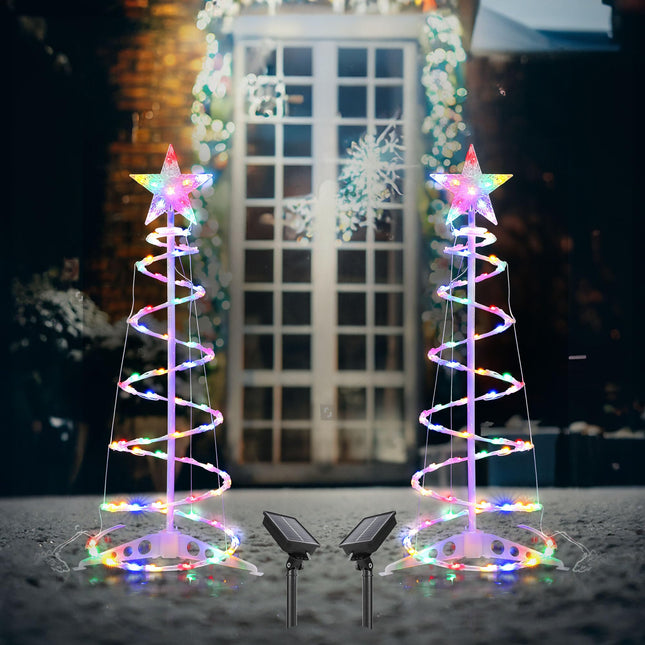 3ft Solar LED Spiral Christmas Tree Lights 140 LEDs, Outdoor Christmas Decorations, Small Christmas Tree with Lights, for Lawn, Patio, Yard Solar Christmas Lights, Colorful 2 Pack