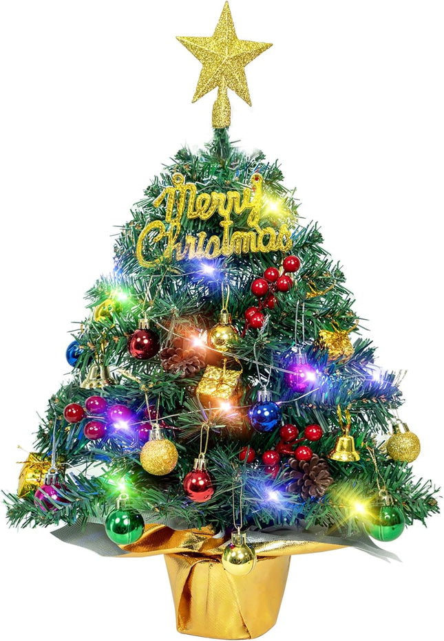 Small Christmas Tree with Lights, 24 in Table Top Christmas Tree 30 Multi-Colored LED Lights Artificial Fake Mini Christmas Tree Star Treetopper Pine Cones Ornaments Balls DIY Table Decorations