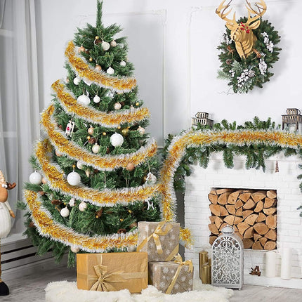 TURNMEON 5 Pack Total 33 Feet Tinsel Christmas Garland Decoration Metallic Streamers Xmas Tree Decor Holiday Xmas Party Supplies Indoor Outdoor Home Decor, Each 6.6Ft by 4Inch (Gold)