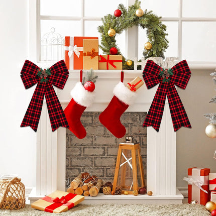 MCEAST 2 Pieces Christmas Red Bows Christmas Wreath Bows Xmas Buffalo Plaid Bows with Pine Cones Ornaments for Christmas Tree Indoor Outdoor Decorations (Black, Red, Green)