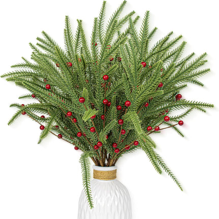 20 PCS Christmas Branches 17 Inch Artificial Christmas Tree Picks with Red Berries Norfolk Pine Branches for Xmas Tree Floral Arrangements Centerpieces Christmas DIY Crafts