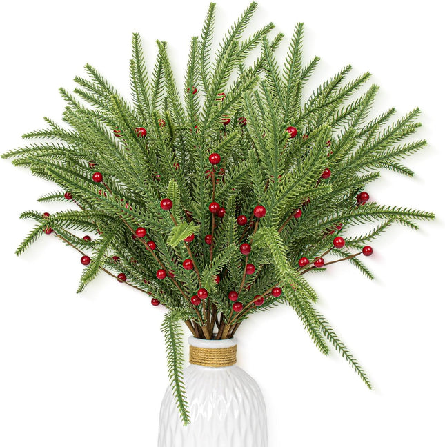 20 PCS Christmas Branches 17 Inch Artificial Christmas Tree Picks with Red Berries Norfolk Pine Branches for Xmas Tree Floral Arrangements Centerpieces Christmas DIY Crafts