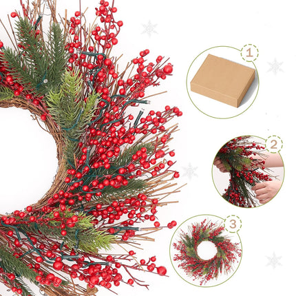 Pre-Lit Christmas Wreath 20 Inches Small Light Timer Artificial Pine Berries Xmas Decorations for Front Door Holiday Fireplace Wall Window Decor