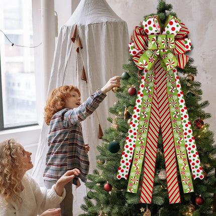 Grinchy Christmas Tree Topper Bow - 45'' x 13'' Large Glitter Polka Dot Wreath Bow with Peppermint Pattern Edge - Christmas Tree and Wreath Decor, Christmas Wired Ribbon Bow Decorations