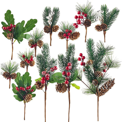 Yixiang 12Pack Artificial Christmas Picks Assorted Red Berry Picks Stems Faux Pine Picks Spray with Pinecones Apples Holly Leaves for Christmas Floral Arrangement Wreath Winter Holiday Décor