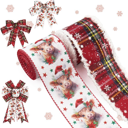 ALIBBON 2 Rolls 2.5" × 5 Yd Merry Christmas Ribbon Star Calf Christmas Wired Ribbon Velvet Edge Red Buffalo Plaid Ribbon for Christmas Wreath DIY Crafting s Wrapping Christmas Party Decoration