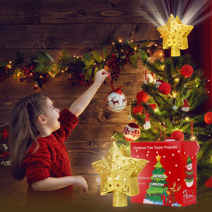 Christmas Tree Topper Lighted with 5 Projection Modes, Christmas Star Tree Topper Built-in LED Rotating Lights, Gold 3D Glitter Dynamic Projection for Christmas Tree Decorations