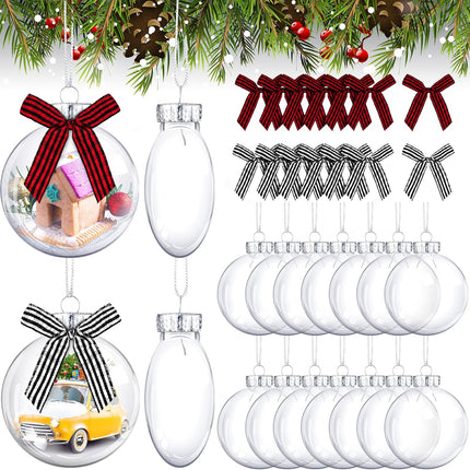 Christmas Ornaments Plastic Discs Ornaments Clear fillable Ornaments Balls with Silver Cap and Black White Red Buffalo Plaid Bows for Craft DIY Christmas Tree Wreath Decoration (32 Pcs, 3.15 Inch)