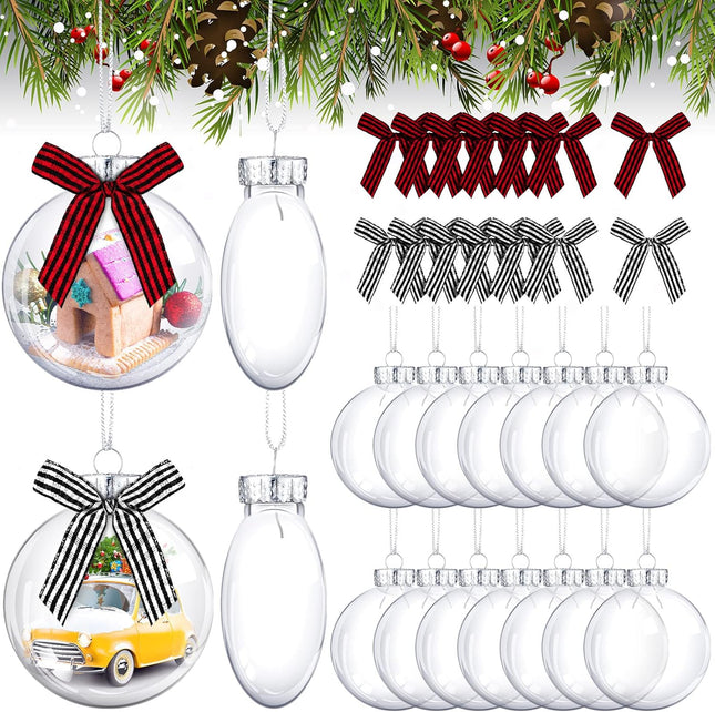 Christmas Ornaments Plastic Discs Ornaments Clear fillable Ornaments Balls with Silver Cap and Black White Red Buffalo Plaid Bows for Craft DIY Christmas Tree Wreath Decoration (32 Pcs, 3.15 Inch)