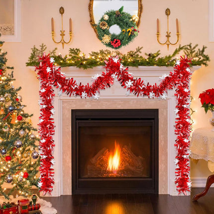 Christmas Tinsel Garland - 33ft Christmas Snowflake Tinsel Garland, Red Christmas Tree Thick Metallic Garland for Indoor Outdoor Porch Window Fireplace Wall Decorations Xmas Party Supplies