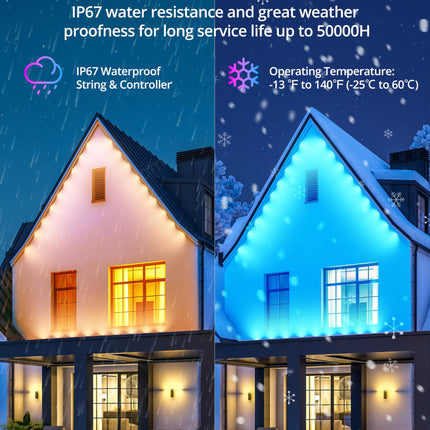 RGB+IC Permanent Outdoor Lights for House Garden, 50Ft Smart Eave Lights, String Lights, IP67 Waterproof, for Christmas Halloween Decor Birthday with Alexa, Google Assistant APP/Remote Control