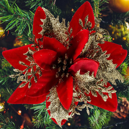 SPORTYOUTH 30 Pcs Red Gold Poinsettias Artificial Christmas Flowers Large 5.5" Glitter Poinsettia Christmas Tree Decoration Flower with Clips & Stems for Xmas Wreath Year Wedding Party Ornament