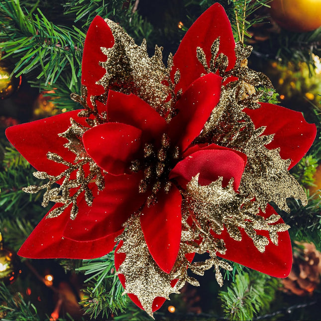 SPORTYOUTH 30 Pcs Red Gold Poinsettias Artificial Christmas Flowers Large 5.5" Glitter Poinsettia Christmas Tree Decoration Flower with Clips & Stems for Xmas Wreath Year Wedding Party Ornament