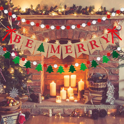 Amandir Merry Christmas Banner Burlap, Be Merry Banner Felt Ball Christmas Tree Pom Pom Garland Happy Holidays Banner for Mantle Fireplace Christmas Xmas Party Holiday Decorations Home Indoor Outdoor