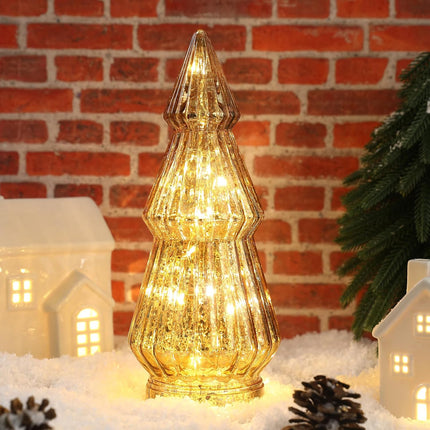 Christmas Decorations-Light Up Gold Mercury Glass Christmas Tree-Tabletop Christmas Tree with LED Light for Home Kitchen Table Mantle Shelf Party Centerpiece