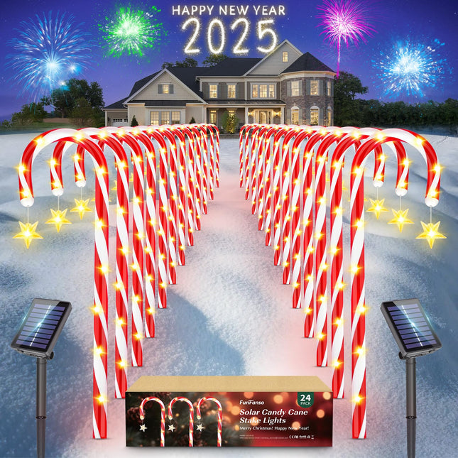 FunFanso 24 Pack Christmas Decorations Outdoor Candy Cane Lights, 288 Bright LED d Solar Christmas Pathway Lights Waterproof with Star, 8 Modes 21" Candy Xmas Lights Yard Outside Decorations