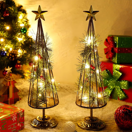 Glintoper Christmas Table Decorations, 2 Pack Lighted Xmas Tree with Golden Star, Battery Operated with LED Lights, Light Up Tabletop Xmas Tree for Holiday Party Desk Home Mantel Display Ornament