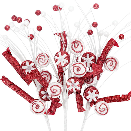 3Pcs Red and White Candy Picks Christmas Tree Decorations, 17.5" Spiral Curly Stems for Xmas Tree Topper Vase Filler Branches Holiday Home Office Party Decorations (Red White)