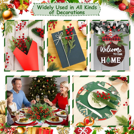 70PCS Artificial Pine Branches Christmas Greenery - Artificial Pine Needles Branches with Red Berry Stems Fake Pine Branches Set for DIY Christmas Tree Wreath Garland Crafts Holiday Home Decoration