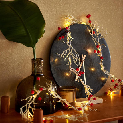 Snow Branch String Lights with Red Berry Garland Christmas 6.5FT & 25LED White Christmas Garland with Lights Battery Operated - Christmas Garland for Mantle Twig Garland for Christmas Tree Decorations