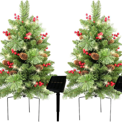 Solar Christmas Tree 30 inch Prelit 2 Set Pathway Porch Christmas Trees Pre-Light LED Battery Operated Outdoor Xmas Decor for Entrance Driveway, Yard, Garden