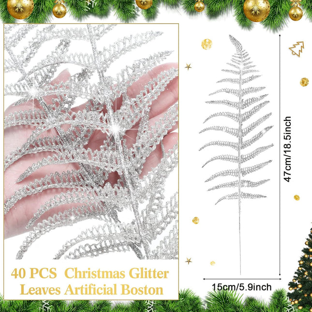 Yunsailing 20 Pcs Christmas Glitter Leaves Artificial Flashing Leaves Tropical Leaf Wedding Pick Flower Arrangement Wreaths DIY Hanging Ornament for Wedding Party Decoration(Silver, 20 Pcs)