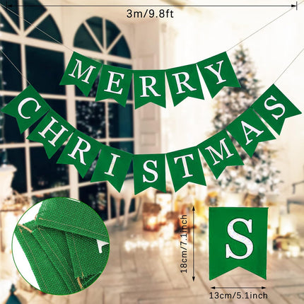 Whaline Christmas Burlap Banner Canvas Merry Christmas Green Banner Bunting Garland Pre-Assembled Hanging Xmas Decorations for Christmas Party Supplies Home Fireplace Wall