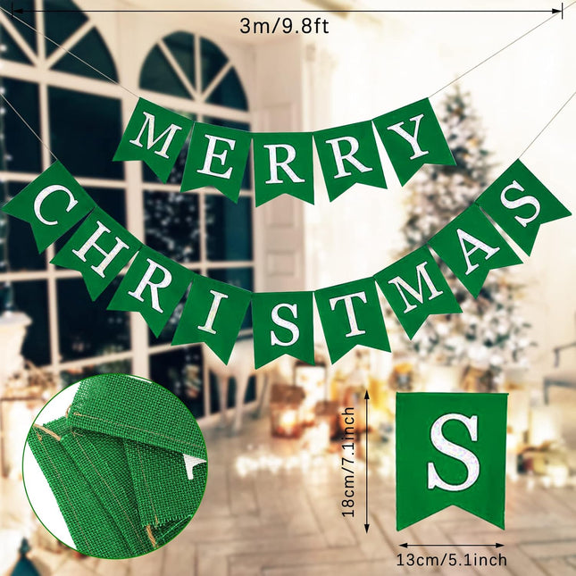 Whaline Christmas Burlap Banner Canvas Merry Christmas Green Banner Bunting Garland Pre-Assembled Hanging Xmas Decorations for Christmas Party Supplies Home Fireplace Wall