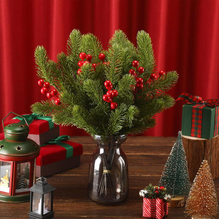 Ceenna 34 Pcs 16 Inch Christmas Red Berry Picks Artificial Pine Needle Branches Christmas Evergreen Wreath Greenery Stems Holly Berry Branches Xmas Winter Berries Spray for Floral Arrangement Crafts