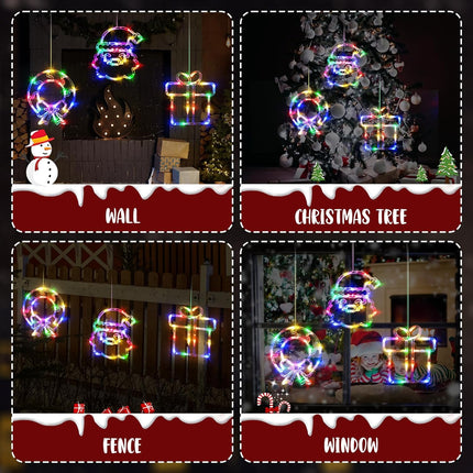 LOLStar Christmas Decorations, 3 Pack Multicoloured Wreath, Box, Santa Claus Christmas Window Lights, 8 Flashing Modes USB Powered Curtain Lights for Year, Indoor, , Party Supplies