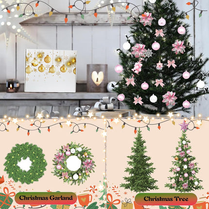 Christmas Tree Decoration Set, 88 Pcs Pink Christmas Ornaments Set with Pink White Christmas Ornaments Balls,Christmas Glitter Poinsettia Flowers,Glitter Berries Stems, Snowflakes, Bow for Christmas