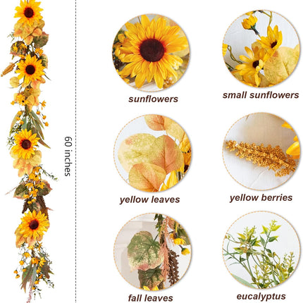 Ivydale Autumn Sunflower Garland,5Ft Artificial Silk Fall Sunflowers Hanging Vines Flowers Greenery Garland with Leaves for Table Mantel Railing Stair Room Kitchen Garden Decor(Sunflower)