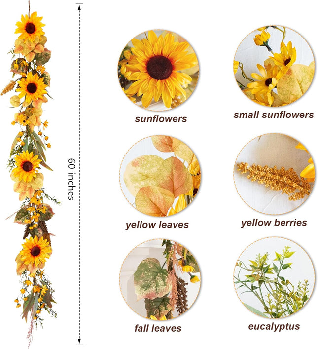 Ivydale Autumn Sunflower Garland,5Ft Artificial Silk Fall Sunflowers Hanging Vines Flowers Greenery Garland with Leaves for Table Mantel Railing Stair Room Kitchen Garden Decor(Sunflower)