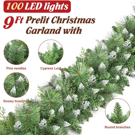Jin&Bao 9FT Christmas Garland with Lights 100 LED Prelit Pine Needle, Cypress Leaves, Snow Branches Garland Christmas Decorations with Timer 8 Modes for Mantle Stairs Door Outdoor Decor