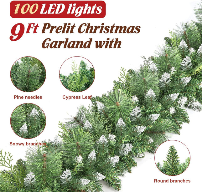 Jin&Bao 9FT Christmas Garland with Lights 100 LED Prelit Pine Needle, Cypress Leaves, Snow Branches Garland Christmas Decorations with Timer 8 Modes for Mantle Stairs Door Outdoor Decor