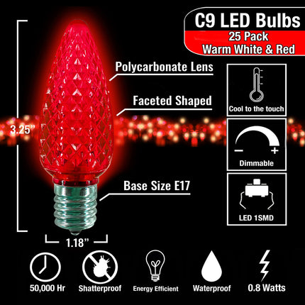 C9 Christmas Lights LED Bulb (Pack of 25) Warm White & RED LED Replacement Christmas Light Bulbs Faceted Retrofit Candle Shape Commercial Grade E17 Socket Roof Lights Bulbs