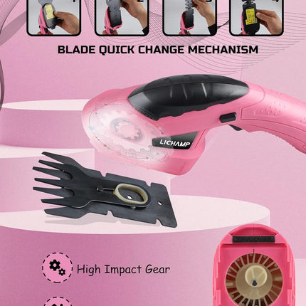 Lichamp 2-in-1 Electric Hand Held Grass Shear Pink Hedge Trimmer Shrubbery Clipper Cordless Battery Powered Rechargeable for Garden and Lawn, CGS3601PK Pink