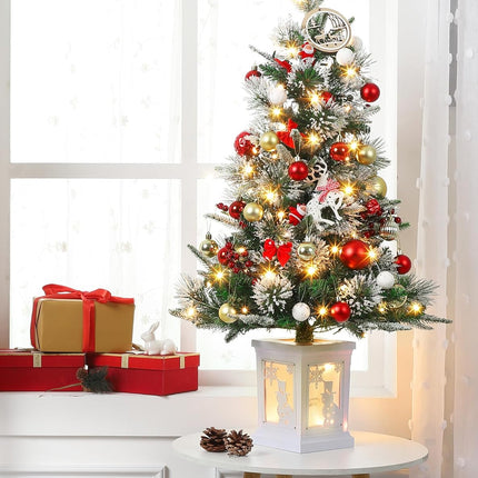3FT Prelit Snow Flocked Christmas Tree with Prelit Premium 70 LED 8 Mode Battery Powered Mini Small Xmas Tree for Christmas Decoration ,Party,Home,Office,Outdoor,Indoor With Snowman White Base-1PC