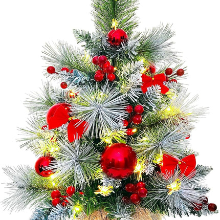 Small Christmas Tree with 50 Lights，22 Inches Artificial Tabletop Mini Christmas Tree with Pine Needle Branches Red Berries Red Bowknots Christmas Decorations for Home Store Party Holiday