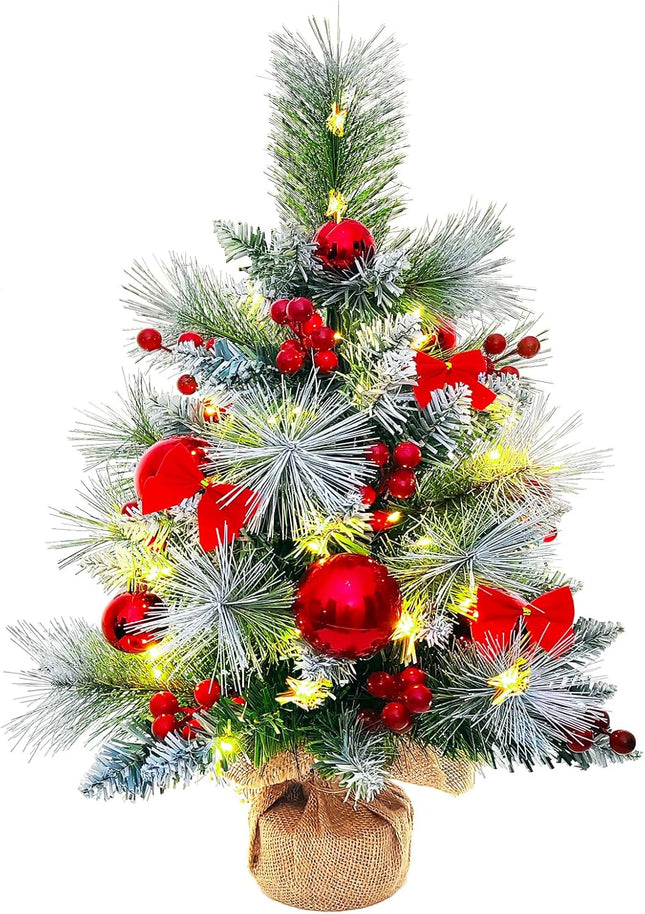 Small Christmas Tree with 50 Lights，22 Inches Artificial Tabletop Mini Christmas Tree with Pine Needle Branches Red Berries Red Bowknots Christmas Decorations for Home Store Party Holiday
