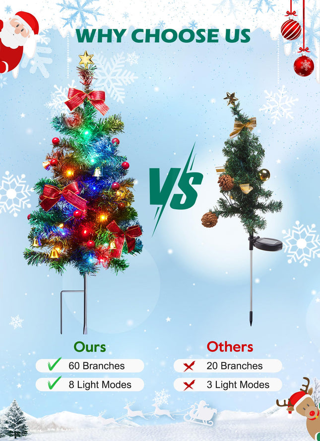 Solar Christmas Tree, 4 Packs Each 2.5 Ft Outdoor Lighted Christmas Tree with Multicolor Christmas Lights, Small Christmas Tree with Lights