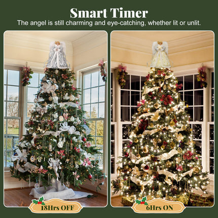 Lewondr Christmas Tree Topper Angel, 12'' Angel Tree Topper with 8 Lights, Remote & USB Operated Angel Treetop Figurine with Wings, 6H Timer Xmas Tree Decor for Holiday Home Ornament, Silver