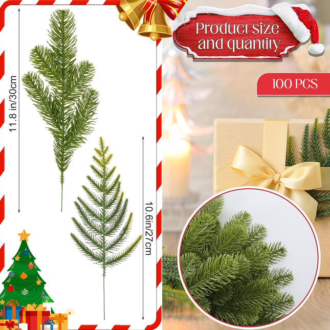 Riceshoot 200 Pcs Christmas Artificial Pine Branches 11.8 Inch 10.6 Inch Pine Needles Branches Garland Fake Greenery Norfolk Pine Stems Cedar Picks and Sprays for DIY Wreath Christmas Decorations