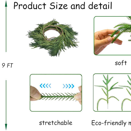 9FTX1 Christmas Real Touch Norfolk Pine Garland Artificial Faux Greenery Garlands Christmas Norfolk Pine Garland for Christmas Holiday Seasonal Indoor Mantle Decor